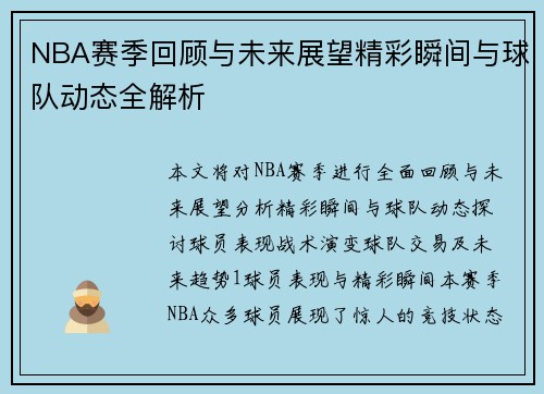 NBA赛季回顾与未来展望精彩瞬间与球队动态全解析