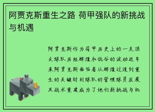 阿贾克斯重生之路 荷甲强队的新挑战与机遇