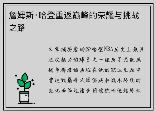 詹姆斯·哈登重返巅峰的荣耀与挑战之路